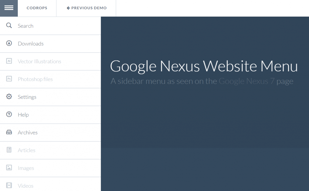 Google Nexus Website Menu 